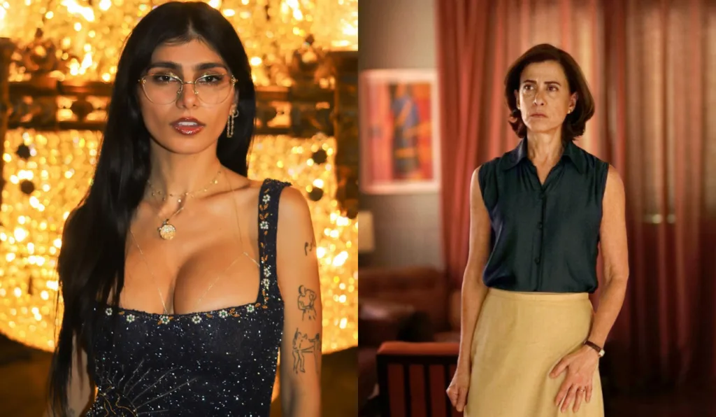 Ao lado esquerdo da imagem tem uma foto da influenciadora Mia Khalifa, e ao lado direito está Fernanda Torres atuando no filme.