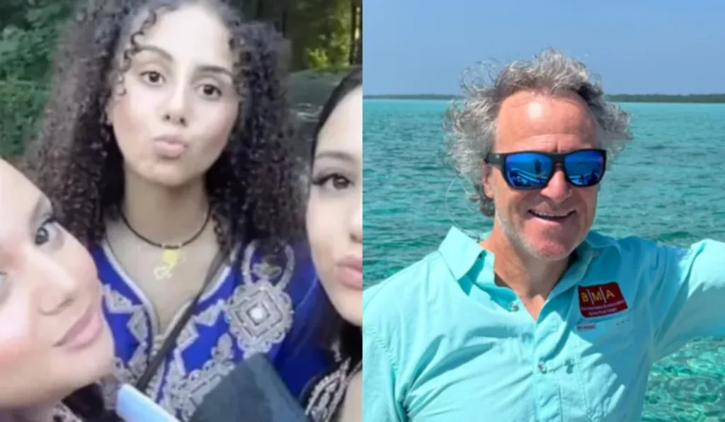 Imagem das três meninas do lado esquerdo e do magnata do lado direito.