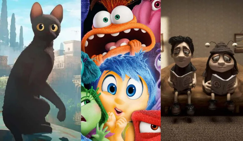 Cartazes dos filmes: 'Flow', 'Divertida Mente 2' e 'Memórias de Um Caracol'.