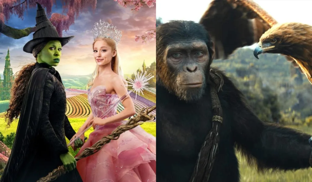 Capa dos filmes ‘O Reino do Planeta dos Macacos’ e ‘Wicked’.