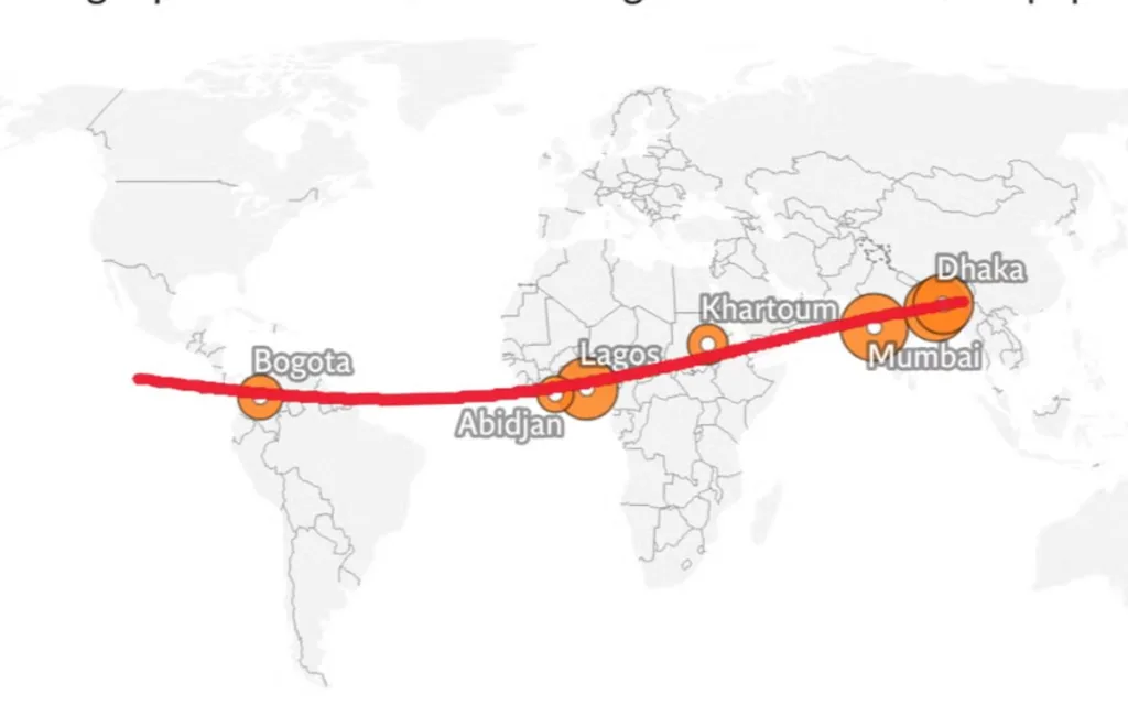 Asteroide deve percorrer oito das 100 cidades mais populosas do mundo: Bogotá, Abidjan, Lagos, Cartum, Mumbai, Calcutá e Dhaka (Reprodução)
