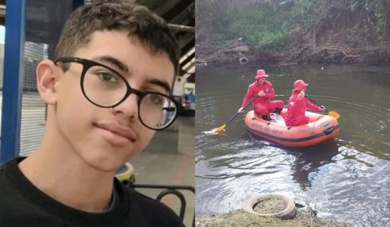 O adolescente de 16 anos que está desaparecido, Erick Rian Duarte Santos. E a equipe do GOST dentro de um bote inflável percorrendo o rio.