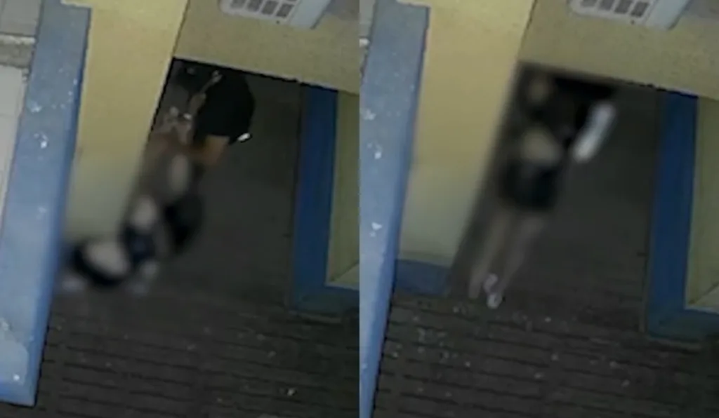 Jovem sendo arrastada pelo suspeito até o banheiro