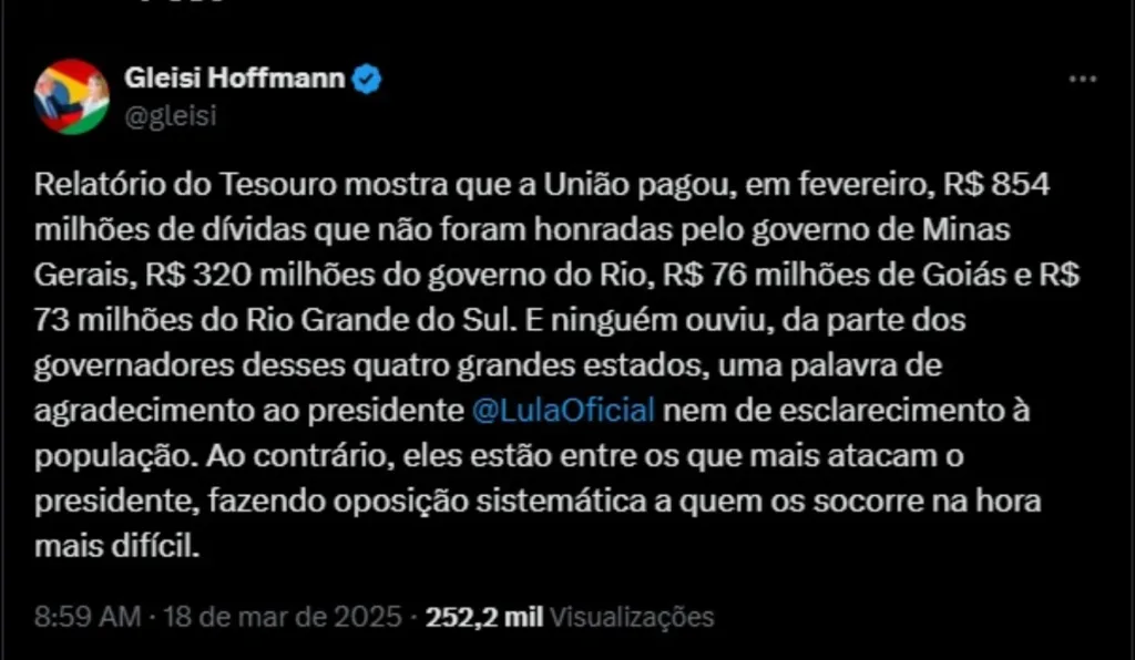 Post de Gleisi Hoffmann cobrando gratidão aos governadores 