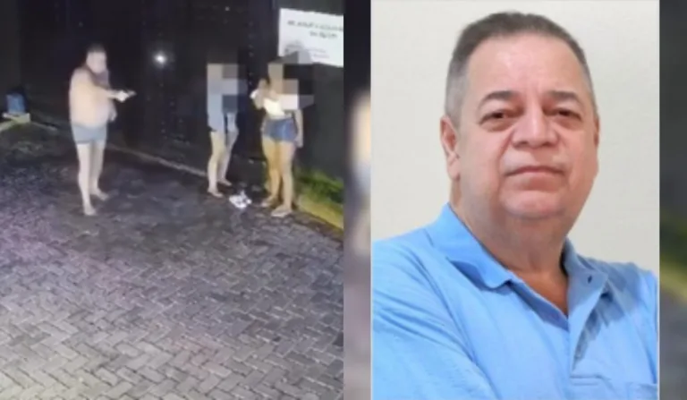 A imagem do lado esquerdo mostra a câmera de segurança no momento em que Luciano atira. Do lado direito, tem a foto do ex-vereador.