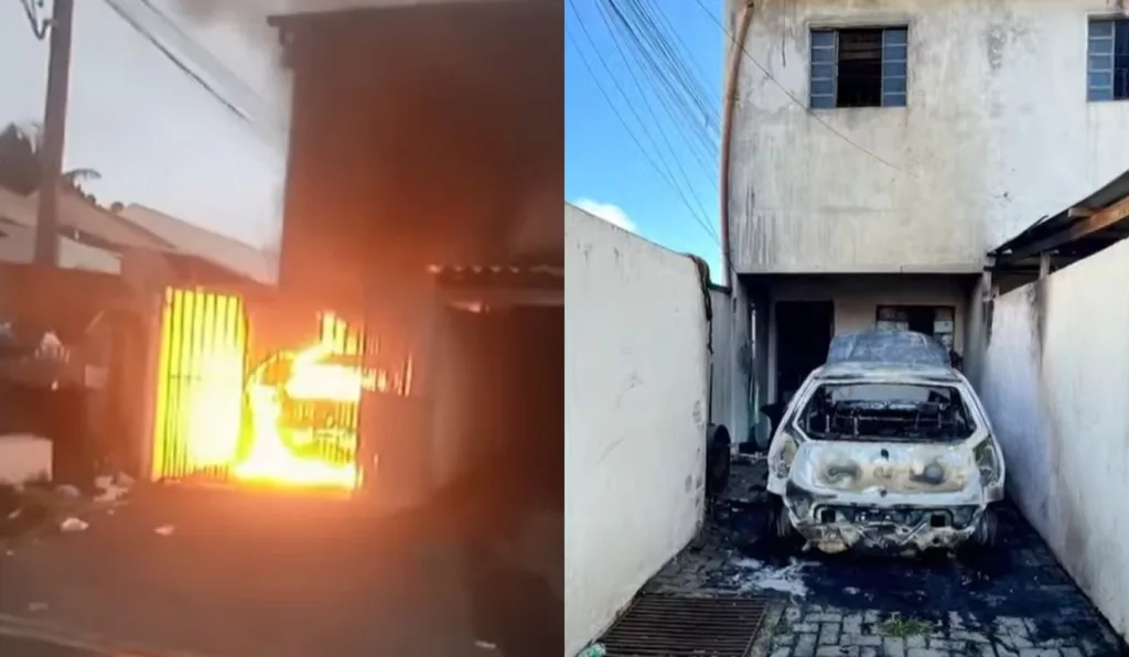 Carro foi totalmente destruído pelo incêndio