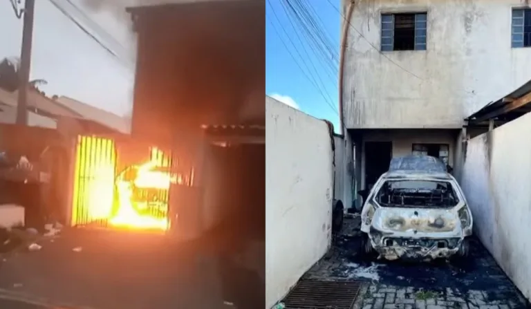Carro foi totalmente destruído pelo incêndio