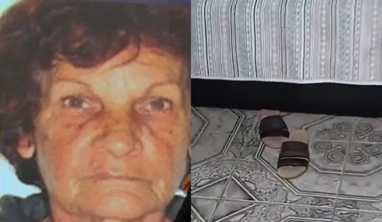 Dona Edna e ao lado seus chinelos que ficaram na residência onde ela morava