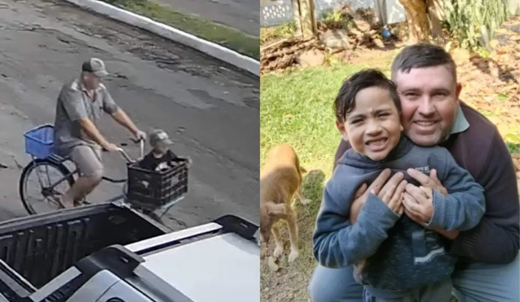 pai andando de bicicleta com filho que jogou da ponte