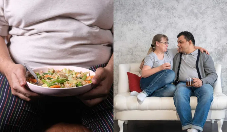 Colagem de um homem segurando um prato e um casal composto por algum homem acima do peso.