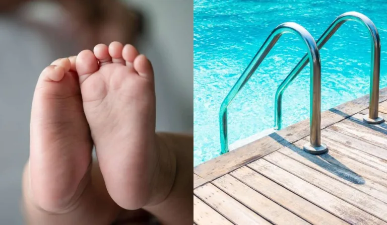 pé de bebê e piscina