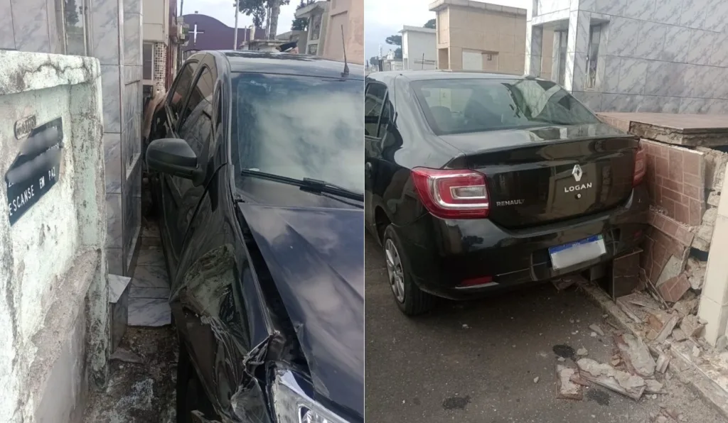 Mulher invade cemitério em Curitiba e carro fica entalado entre túmulos destruídos