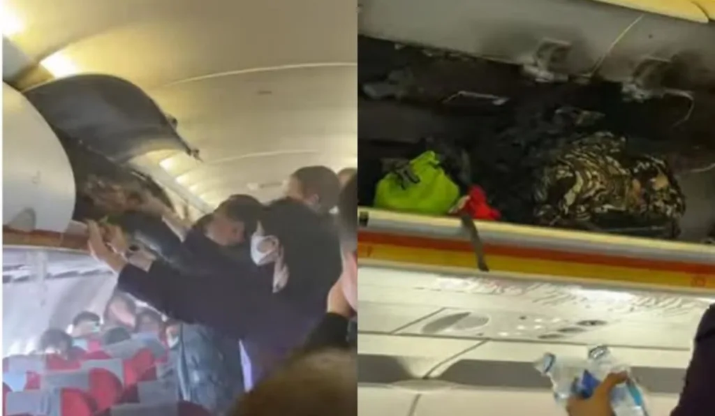 bagageiro de avião após pegar fogo