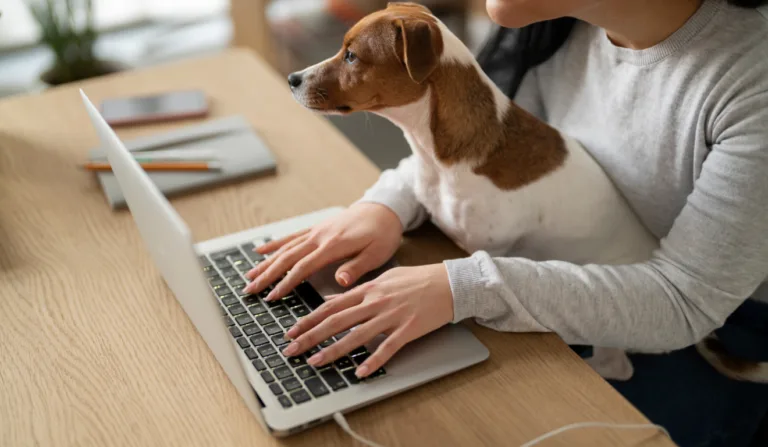 Cachorro ao lado do computador.
