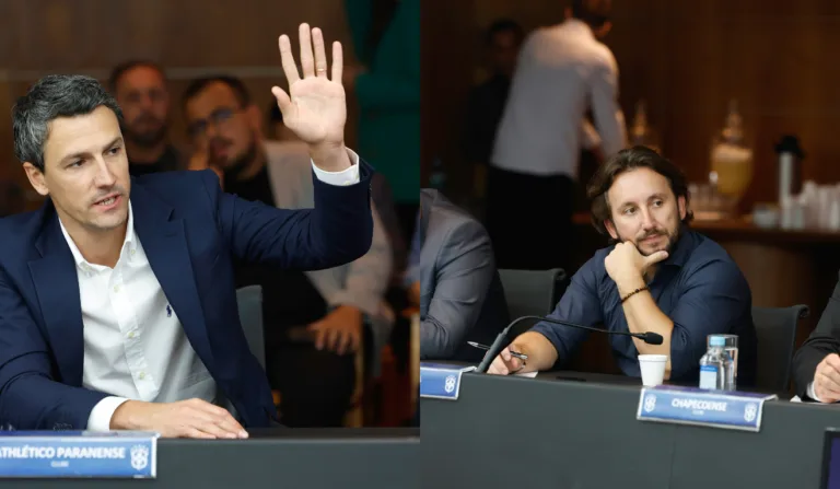 Na esquerda, o representante do Athletico, Rodrigo Possebon. Na direita, André Campestrini, representante do Coritiba. Foto:  Rafael Ribeiro/CBF