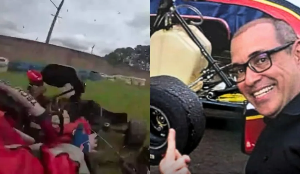 Corrida de Kart e homem ao lado de carro