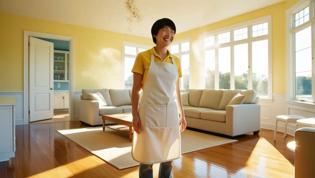 Uma dona de casa finaliza a limpeza da sua casa