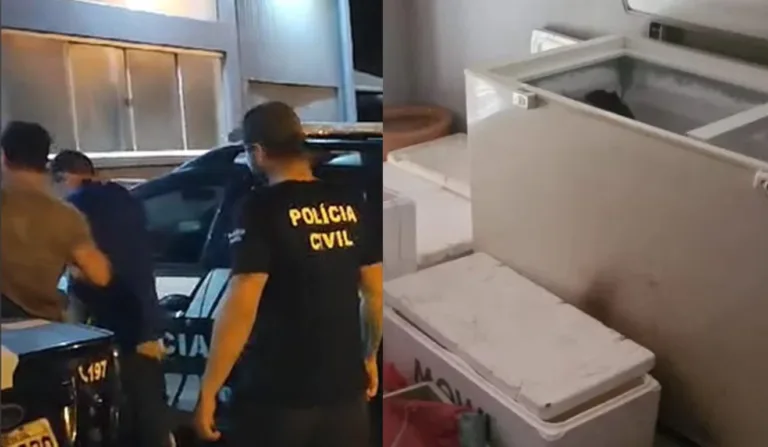 Jovem sendo preso e freezer onde corpo foi encontrado