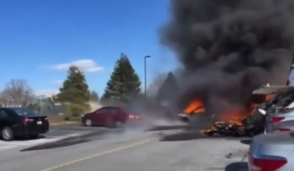 Imagem do fogo ao redor do avião caído.