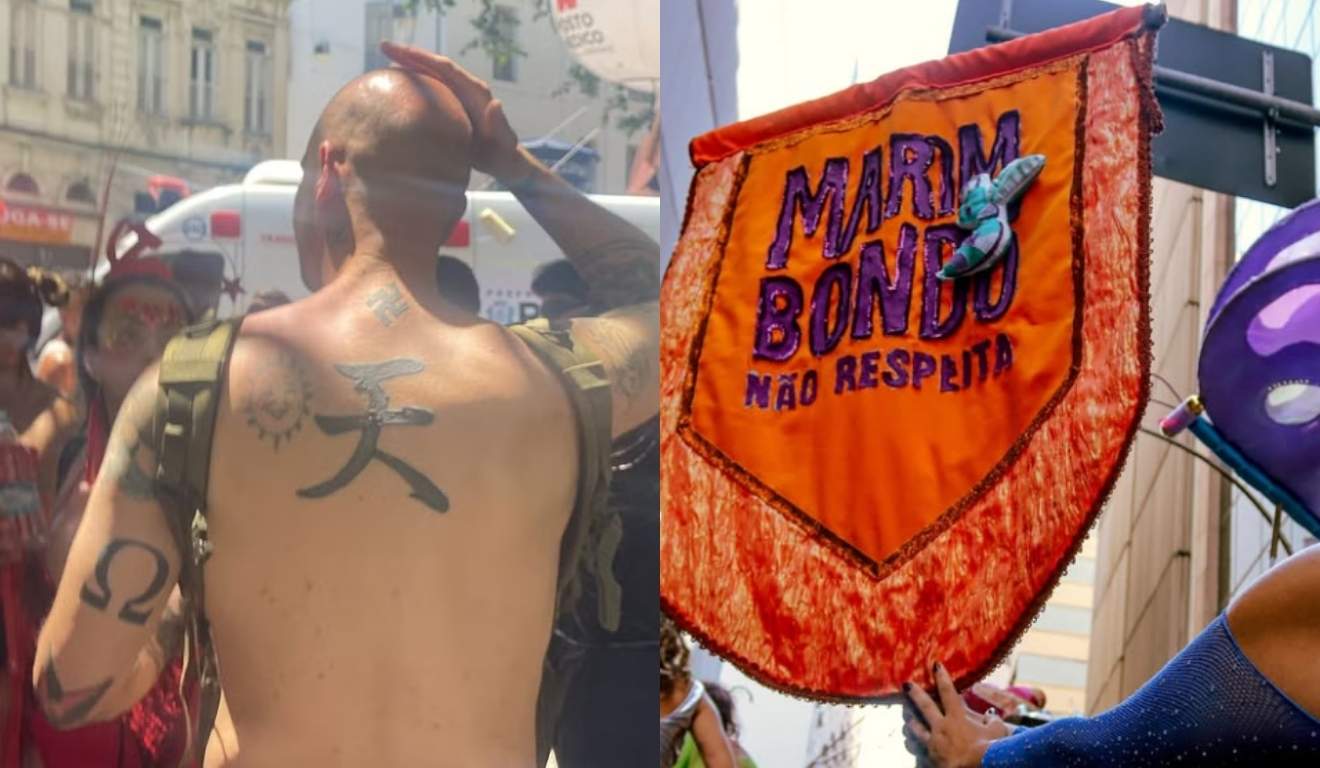 estrangeiro com tatuagem de suástica no bloco Marimbondo Não Respeita