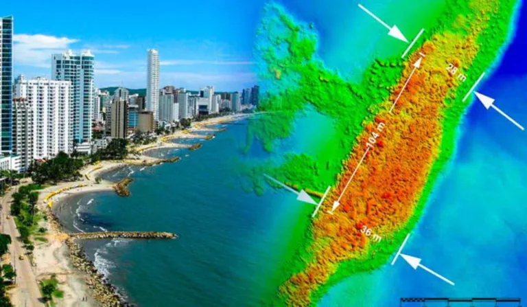 Orla do mar de Bocagrande e infográfico da localização do castelo.