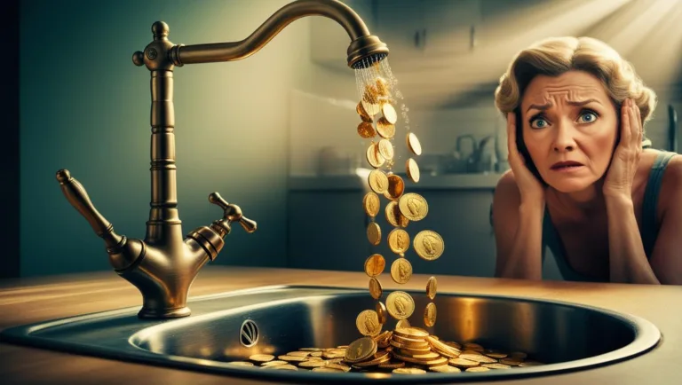 Moedas saindo da torneira e indo para o ralo e uma mulher preocupada atrás observando
