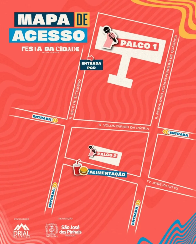 Prefeitura divulgou um mapa de acesso ao show da Ana Castela em São José dos Pinhais 