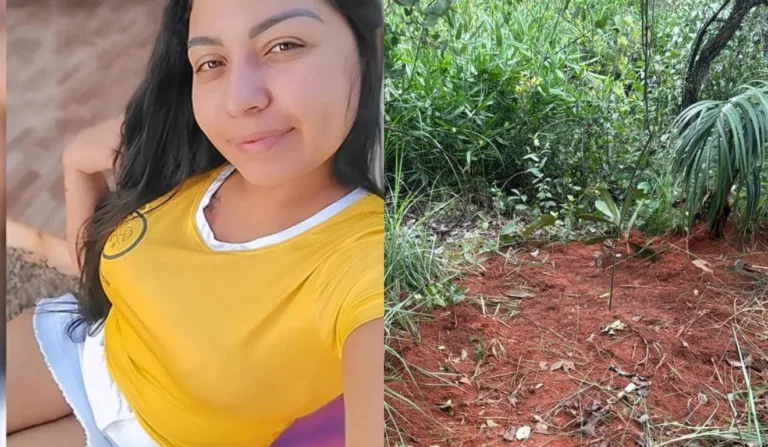 Imagem da jovem, e ao lado direito, o local que ela foi encontrada.