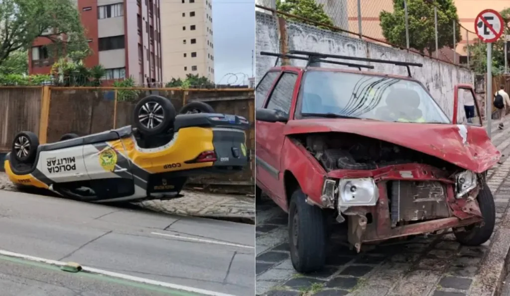 Viatura da polícia capota após motorista sem CNH furar sinal vermelho em Curitiba
