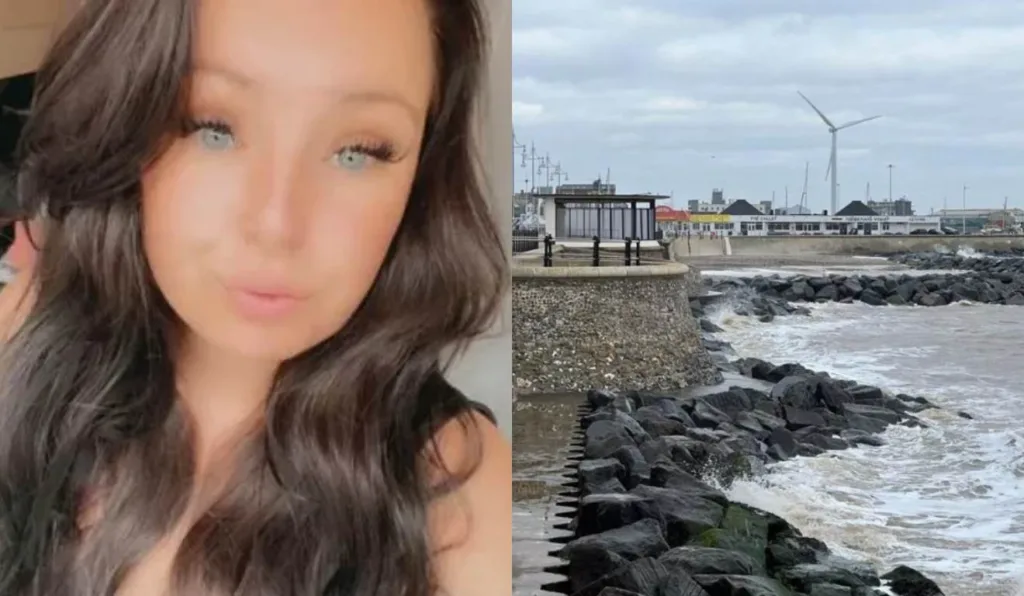 Mulher em foto e local com pedras e mar