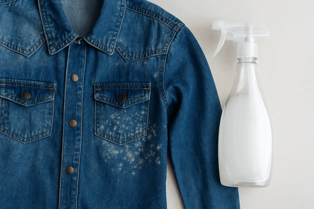 Jaqueta jeans com manchas de mofo ao lado de borrifador contendo solução caseira de vinagre branco.
