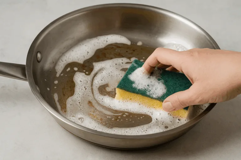 Pessoa limpando uma panela de aço inox com esponja e espuma branca.