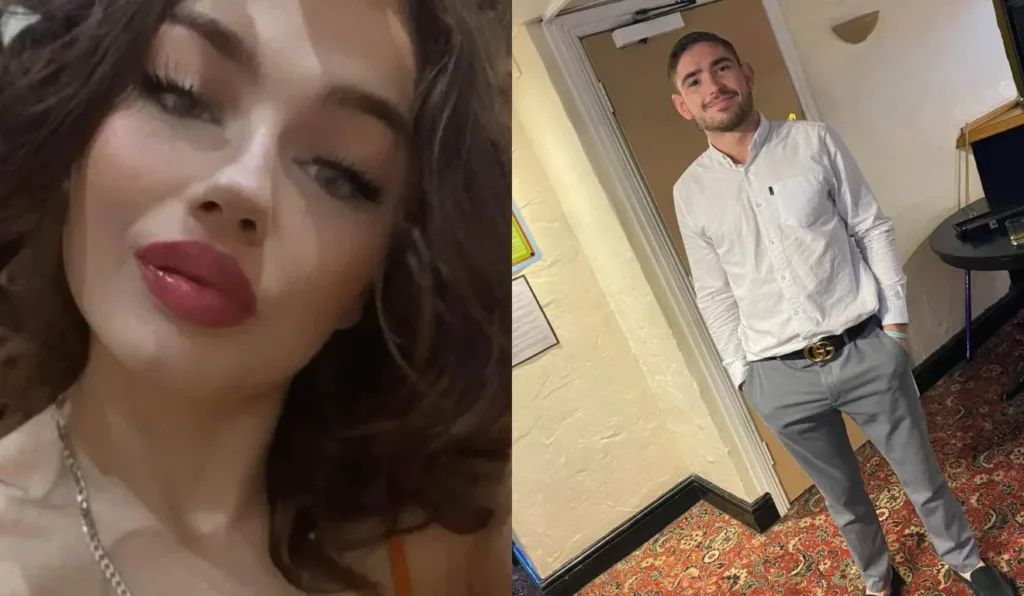 jovem fazendo vico em foto e homem de camisa social