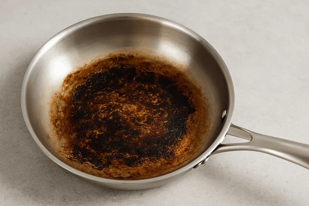 Panela de aço inox com fundo queimado, evidenciando acúmulo de resíduos escurecidos.