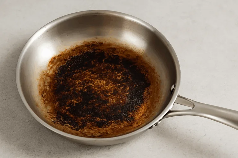 Panela de aço inox com fundo queimado, evidenciando acúmulo de resíduos escurecidos.