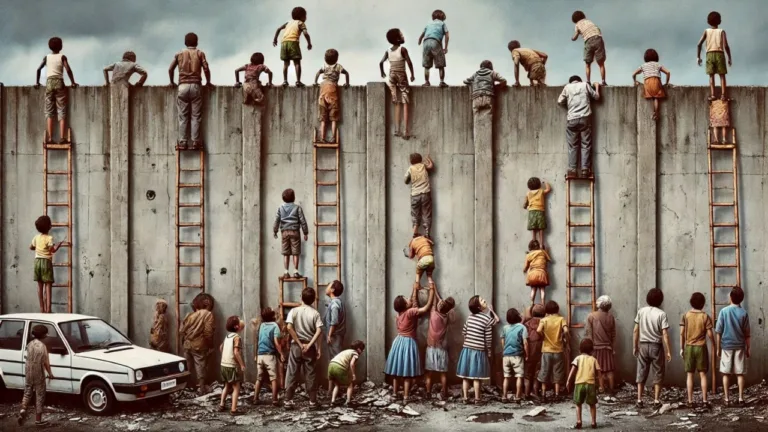 Em um muro cinza, crianças de empoleiram utilizando escadas de diferentes tamanhos, tentando passar para o outro lado