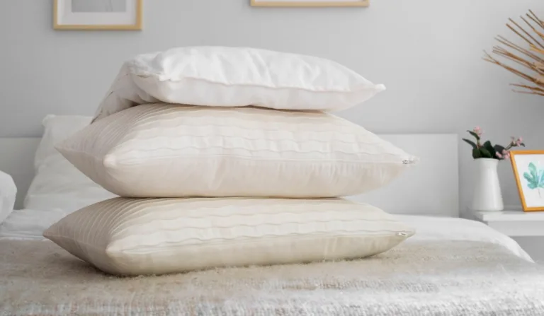 três travesseiros brancos em cima de cama