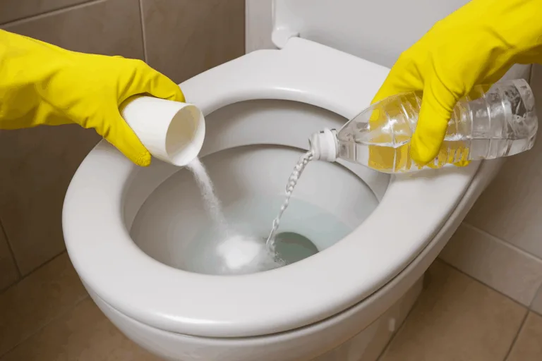 Mãos com luvas amarelas aplicando bicarbonato de sódio e vinagre branco em vaso sanitário como técnica de desentupimento caseiro.
