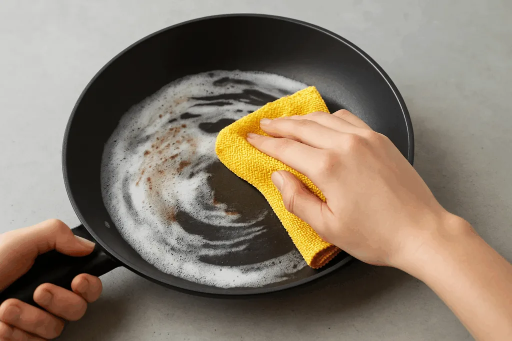Pessoa limpando uma frigideira com pano de microfibra amarelo sobre superfície com espuma e gordura.