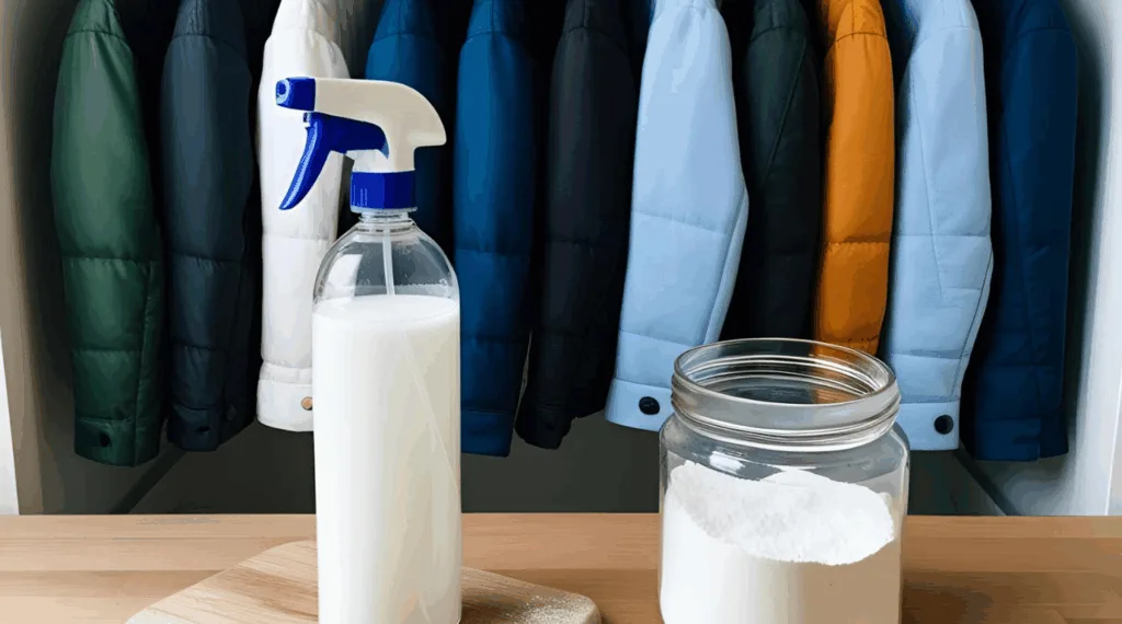 Guarda-roupas com jaquetas organizadas, ao lado de borrifador com vinagre branco e pote com bicarbonato de sódio.