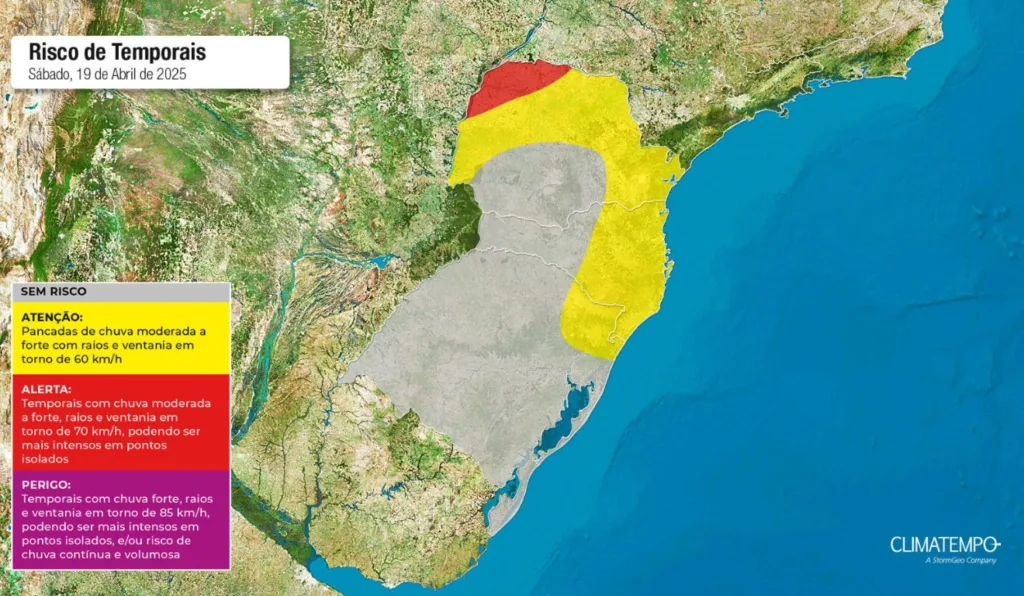 mapa do sul do Brasil mostrando risco de temporal no Paraná