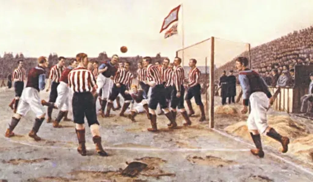 ilustração de um jogo de futebol nos primórdios do esporte