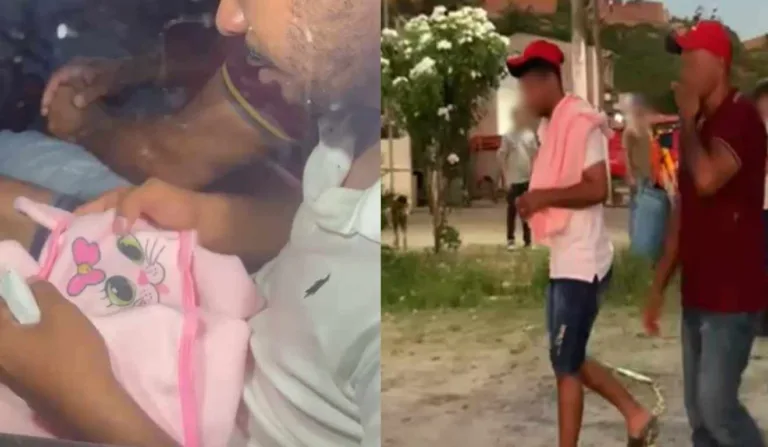 Pai da Ana Beatriz segurando toalhinha rosa da filha