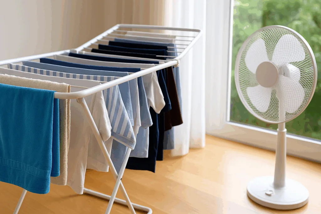 Roupas secando em varal portátil próximo à janela com ventilador ao lado em ambiente iluminado.