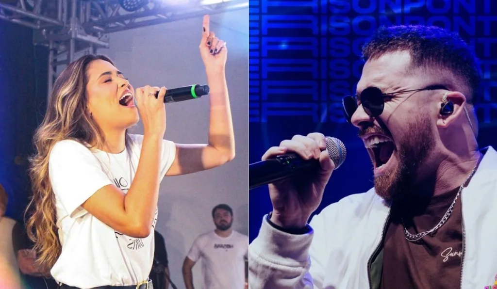 à esquerda, uma mulher segurando um microfone e cantando. à direita, um homem em um fundo azul cantando