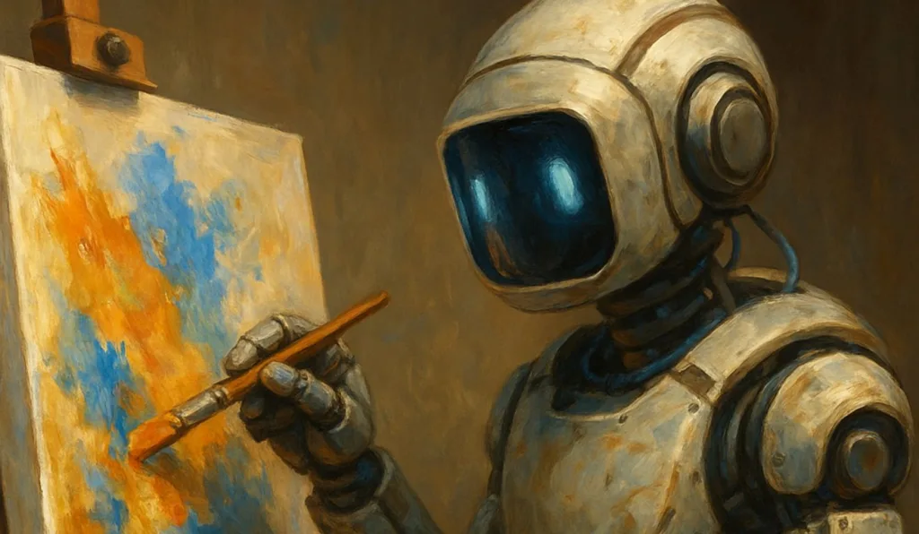 imagem gerada por inteligência artificial de um robô pintando um quadro
