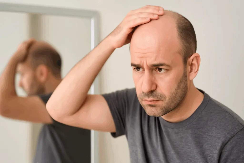 Homem calvo de meia-idade com expressão séria observa o próprio reflexo no espelho, tocando a cabeça com a mão.
