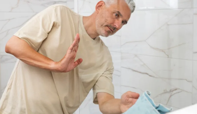 homem limpando vidro de box do banheiro