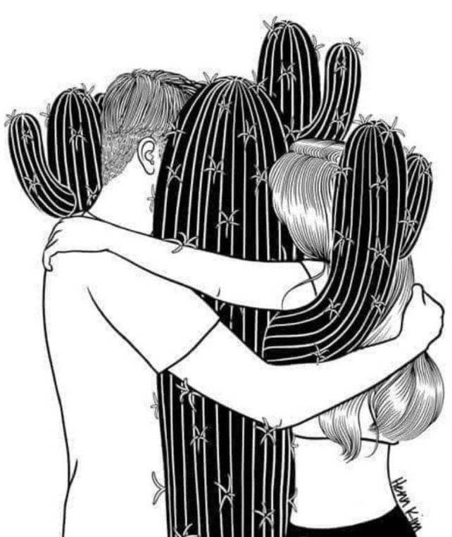 Um cactus gigantes se interpondo a um casal que tenta se abraçar.