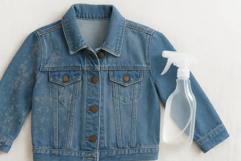 Jaqueta jeans com manchas de mofo ao lado de um borrifador com solução caseira sobre superfície clara.